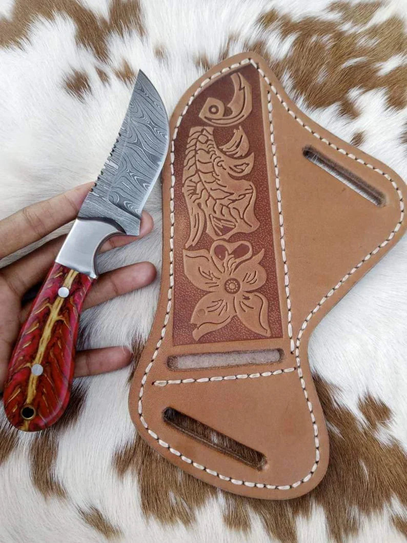 Premium Custom Handmade Cowboy Knife & Leather Sheath – Damascus Steel Blade, Pine Cone Handle