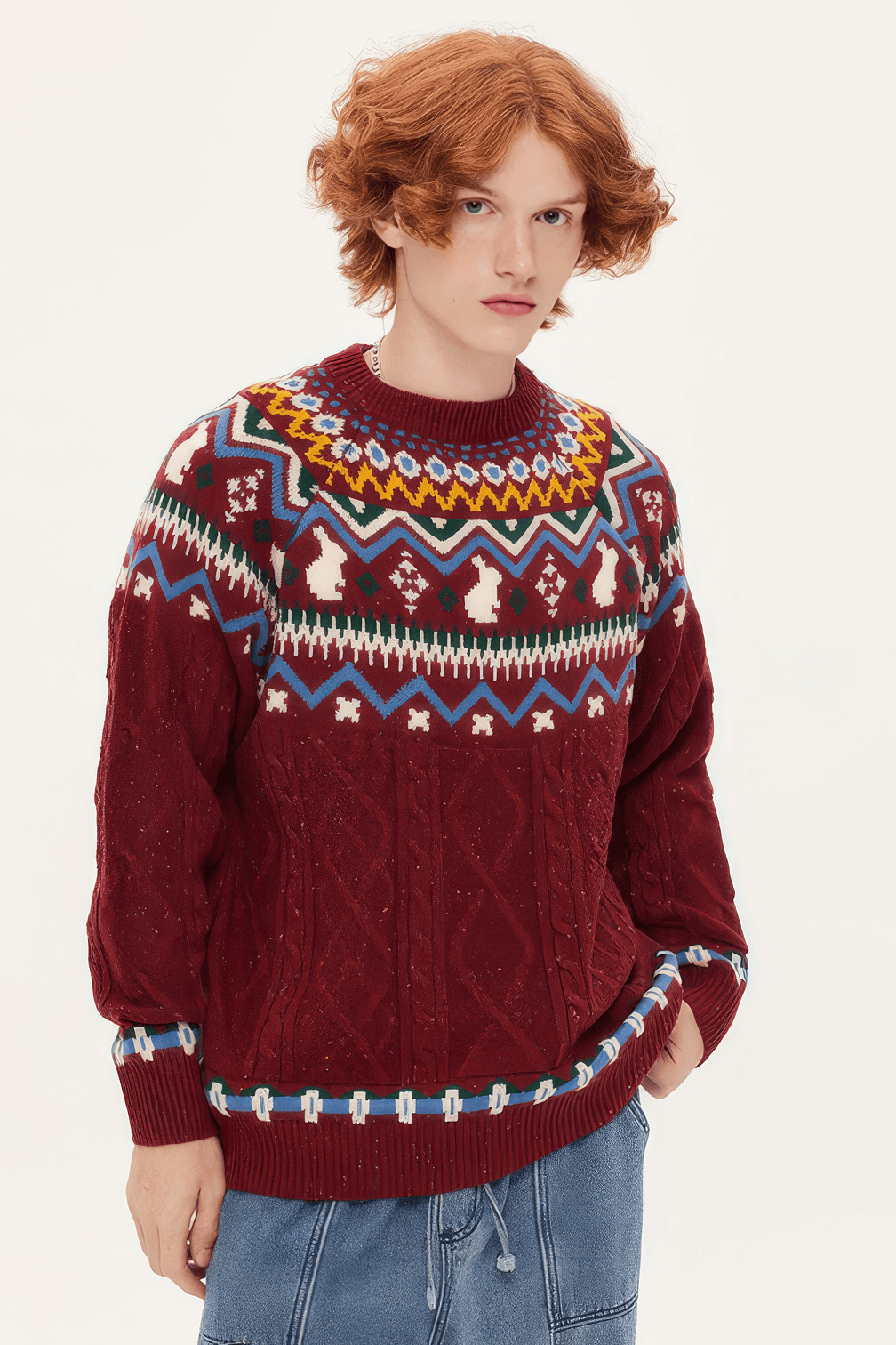 Fair Isle Red Holiday Knit Sweater - Cozy Oversized Pullover for Festive Vibes