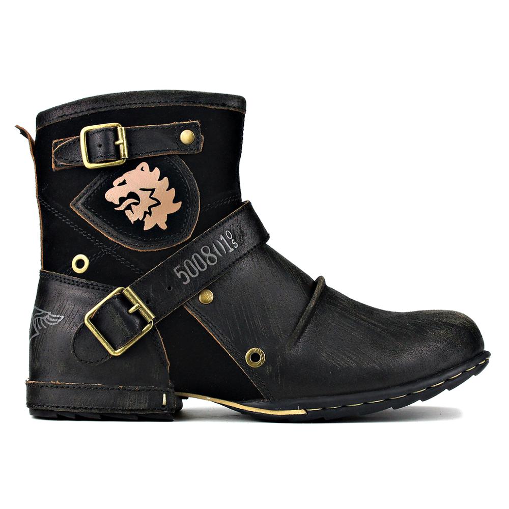 OSSTONE Moto Boots for Men Vintage Zipper-up Retro Leather Chukka Boots Distressed Rock n roll Bike Shoes Punk BootsOS-5008-1-D2