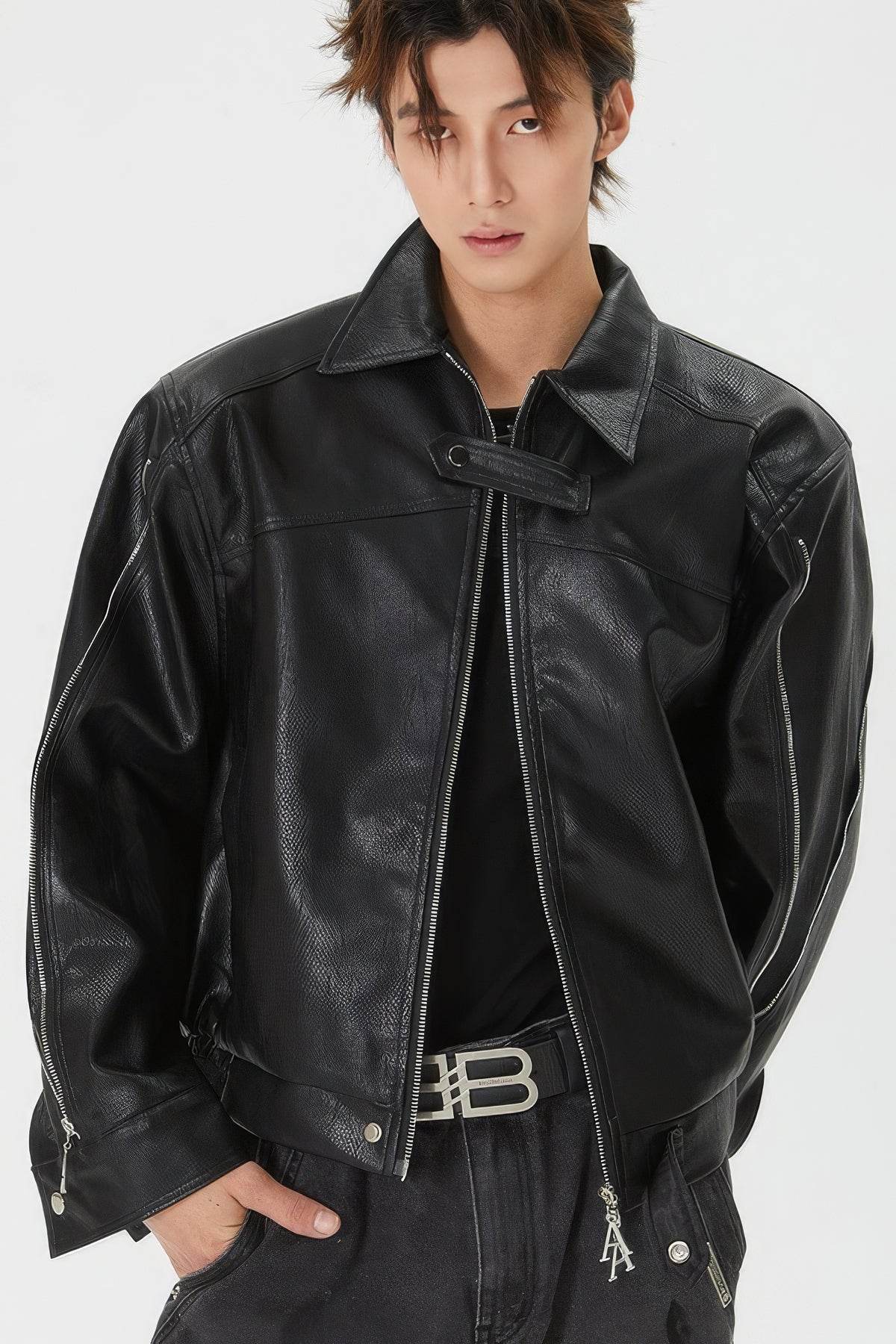Men's Double Zipper Shoulder-Padded Leather Jacket