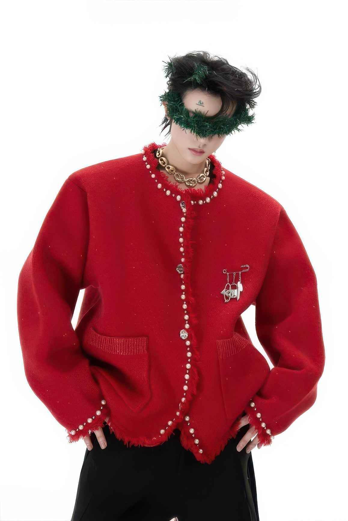Minimalist Pearl-Decorated Knitted Sweater Jacket with Brooch Accent