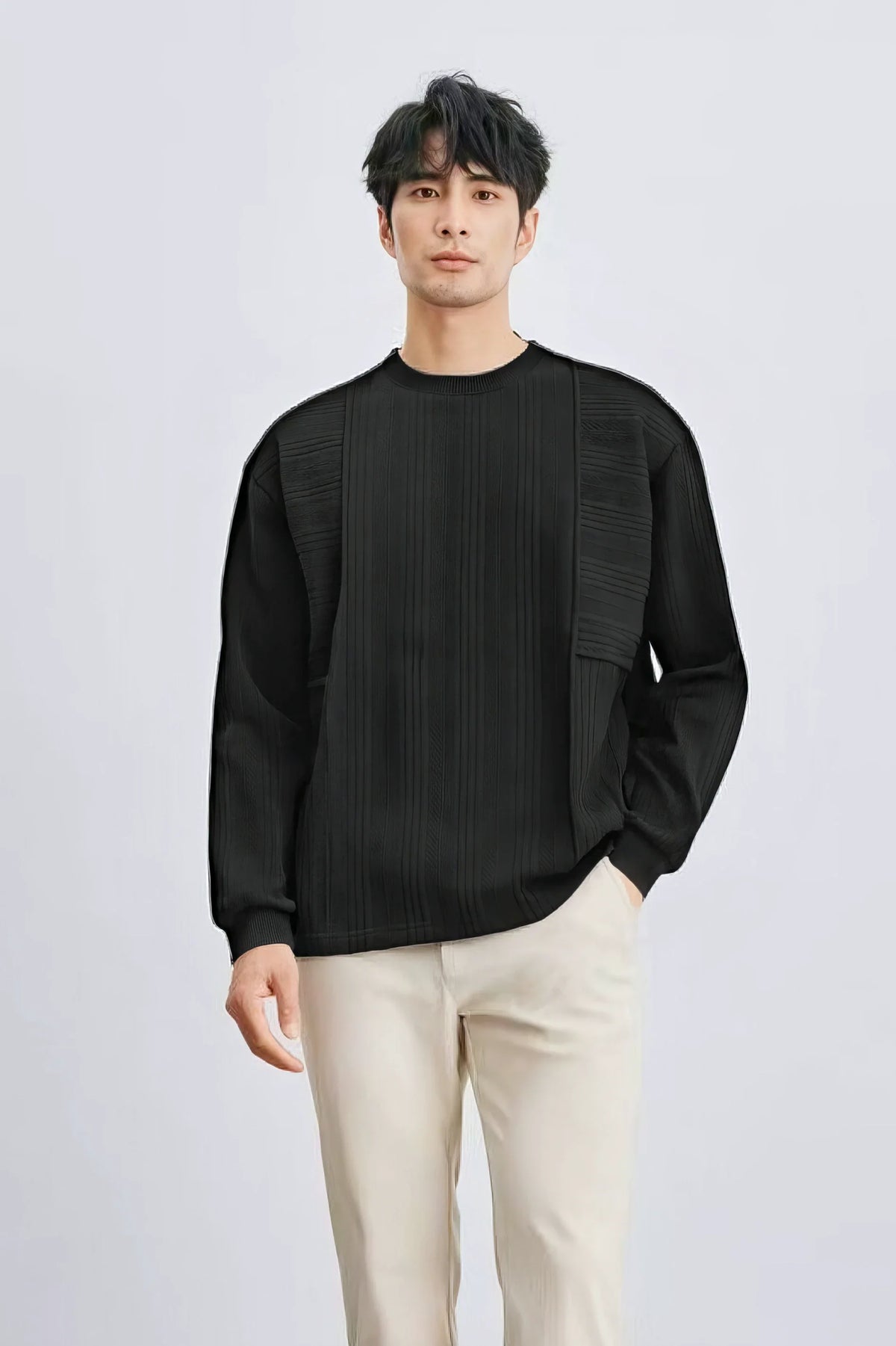 Men's Long Sleeve Knit Sweater with Textured Pattern