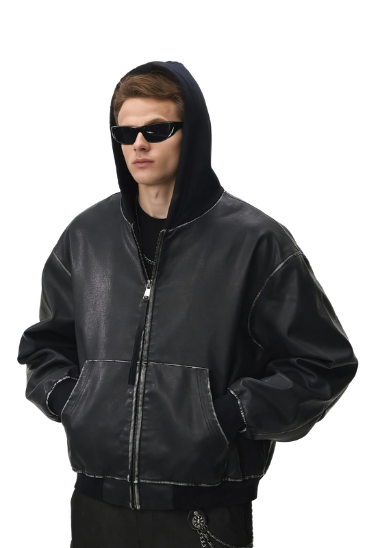 Washed Leather Hooded Jacket - Vintage American Street Style