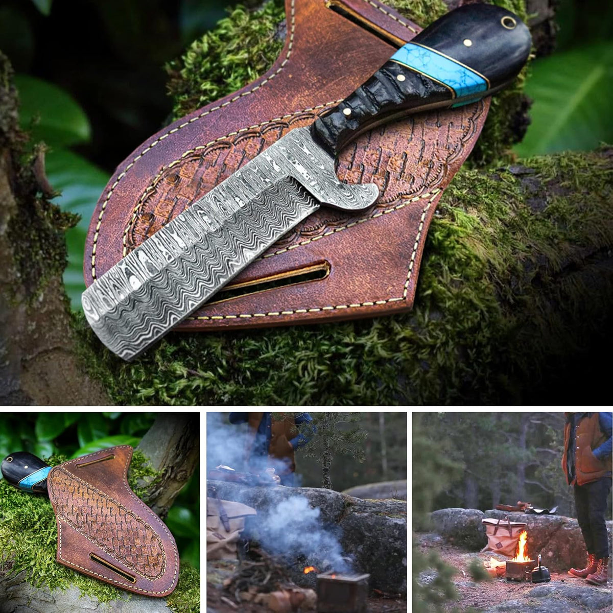 Handmade Bull Cutter Knife - Damascus Steel 8" Fixed Blade with Resin or Sheep Horn Handle & Leather Sheath